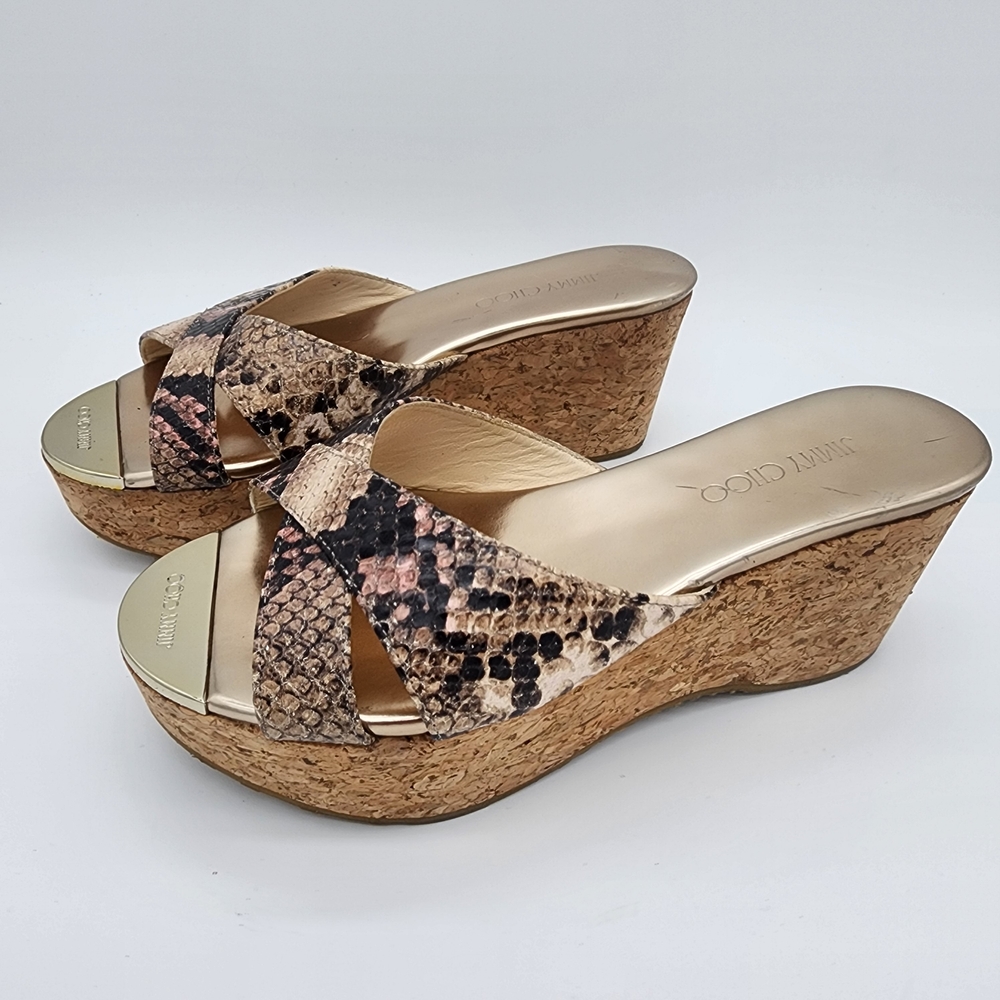 Jimmy Choo Prima Snakeskin Cork Wedge Sandals Size US 6